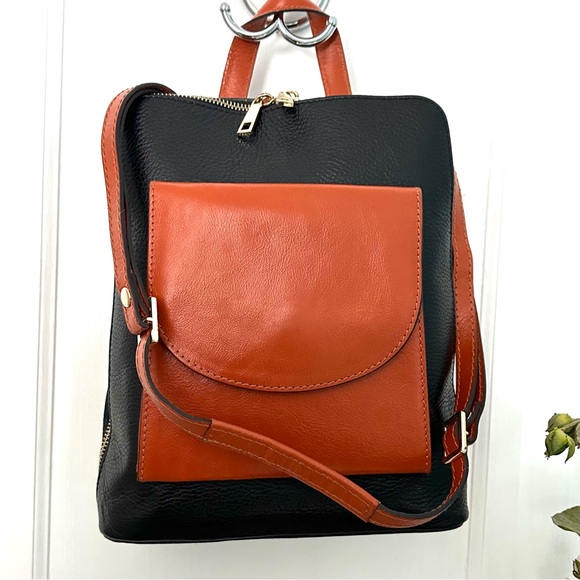 DIVINA FIRENZE Black & Brown Leather Backpack Crossbody Purse Made in Italy EUC - Picture 1 of 16